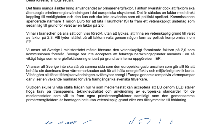Kyl- och värmepumpbranschens uppmaning till miljö- och energidepartementet