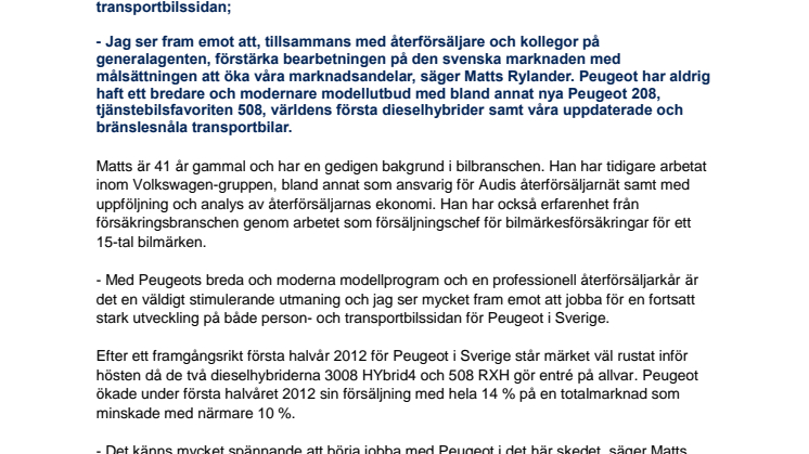 Ny Försäljnings- och Marknadschef för Peugeot i Sverige
