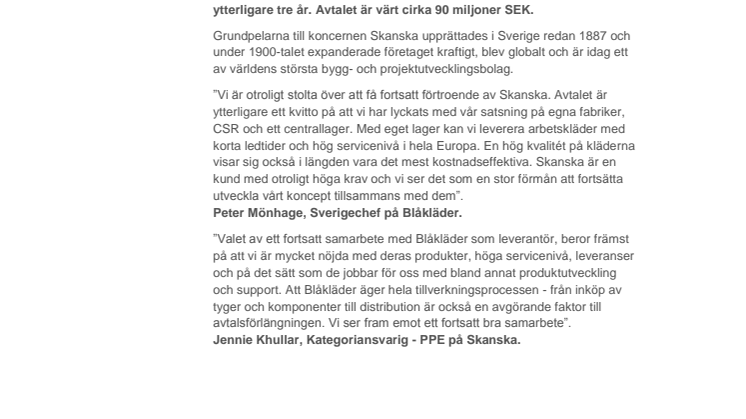 ​BLÅKLÄDER FÖRLÄNGER SITT NORDISKA AVTAL MED SKANSKA