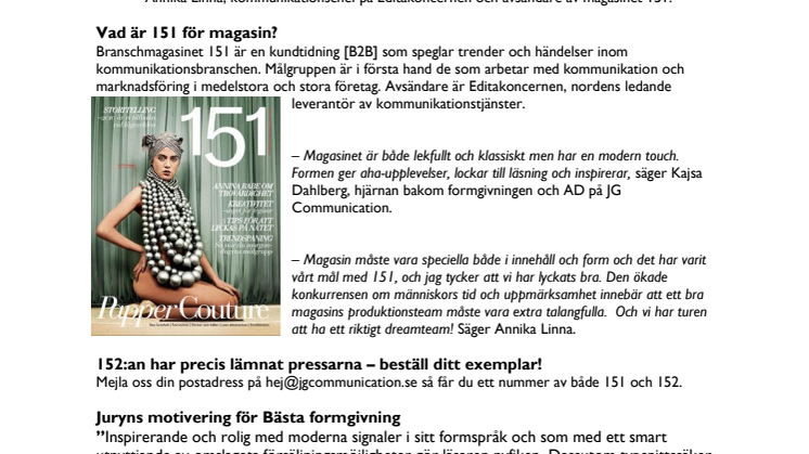 JG Communication vann Guldbladet för bästa formgivning OCH bästa kundtidning