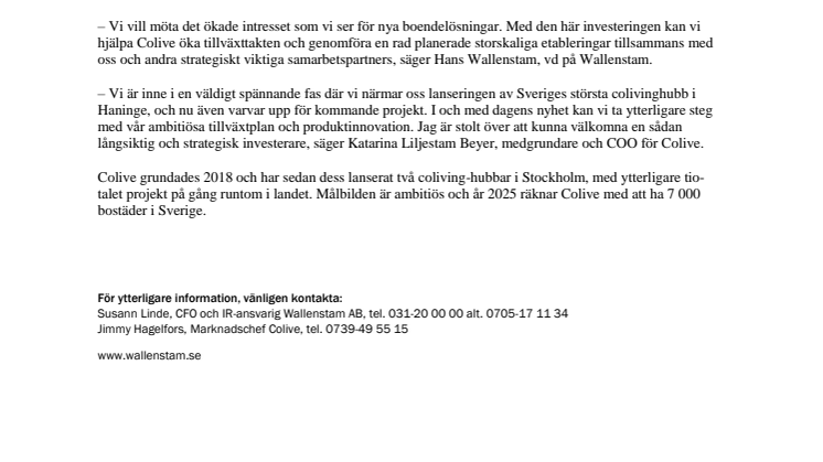 Wallenstam blir delägare i Colive