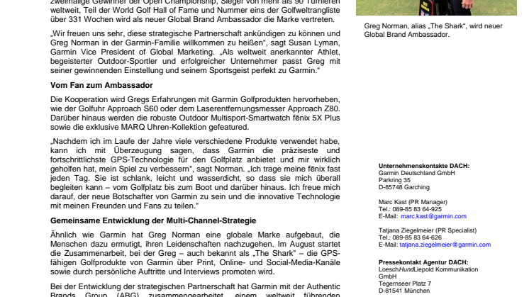 Garmin macht Greg Norman zum Global Brand Ambassador 