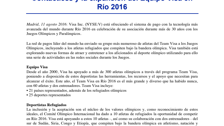 Visa celebra 30 años de Patrocinio Olímpico con nuevas tecnologías de pago como las pulseras Contactless y la expansión del Equipo Visa en Río 2016