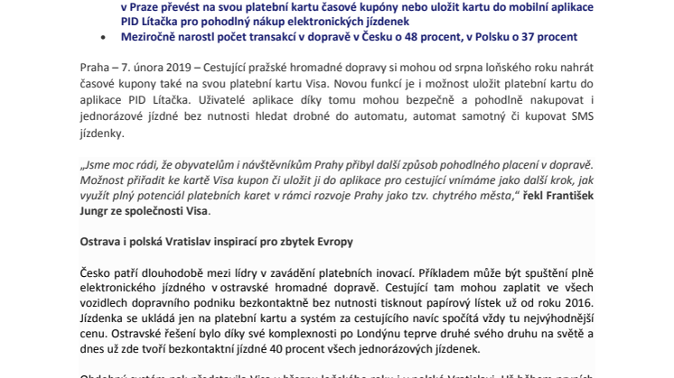 Visa Česko a Polsko pionýry platebních inovací v dopravě