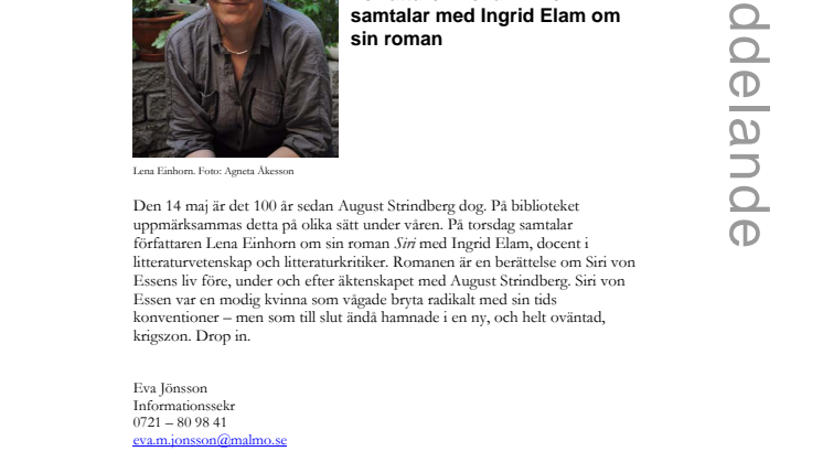 Stadsbiblioteket i Malmö: Siri –  författaren Lena Einhorn samtalar med Ingrid Elam om sin roman