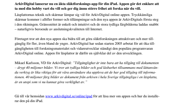 Ny gratis app för ArkivDigital online – släktforskning i färg på din iPad