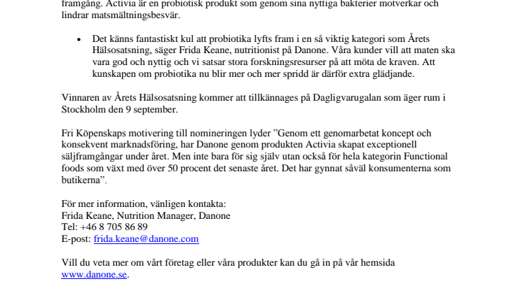 Danone tävlar om Årets Hälsosatsning 2010