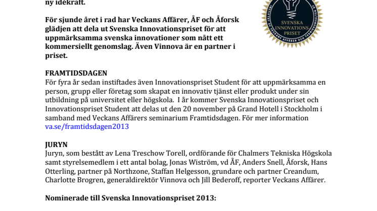 Svenska Innovationspriset och Innovationspriset Student 2013