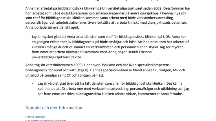 Anna Straube ny chef för bilddiagnostiska kliniken på Universitetsdjursjukhuset vid SLU