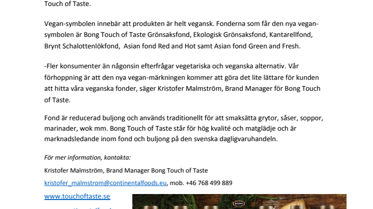 Bong Touch of Taste satsar på veganmärkning   