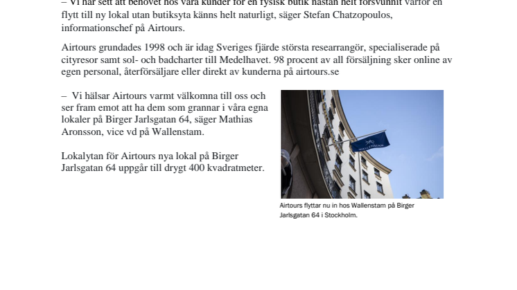 Airtours väljer Wallenstam och Birger Jarlsgatan 64 