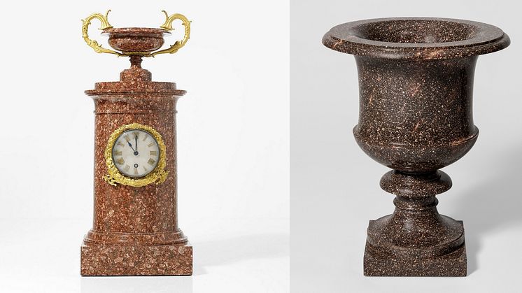 Table clock in granitell, 1830-1850 and vase in porphyry designed by Louis Masreliez, beginning of 19th Century. Photo: Stockholms Auktionsverk and Linn Ahlgren/Nationalmuseum.