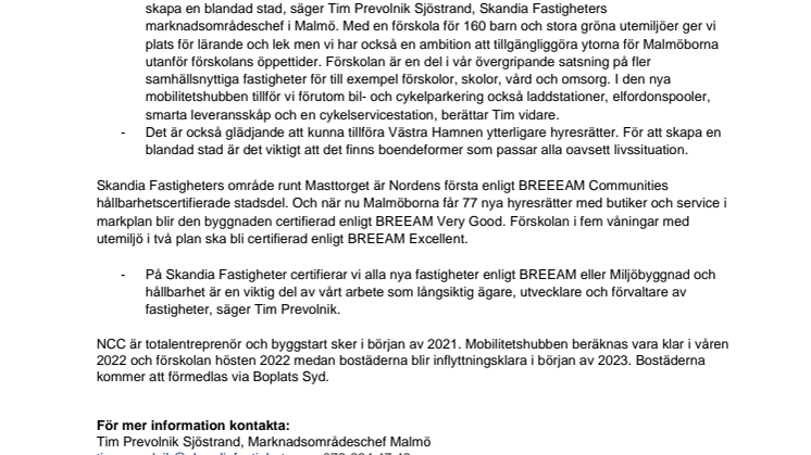 Förskola, bostäder och mobilitetshubb när Skandia Fastigheter utvecklar nytt i Västra hamnen
