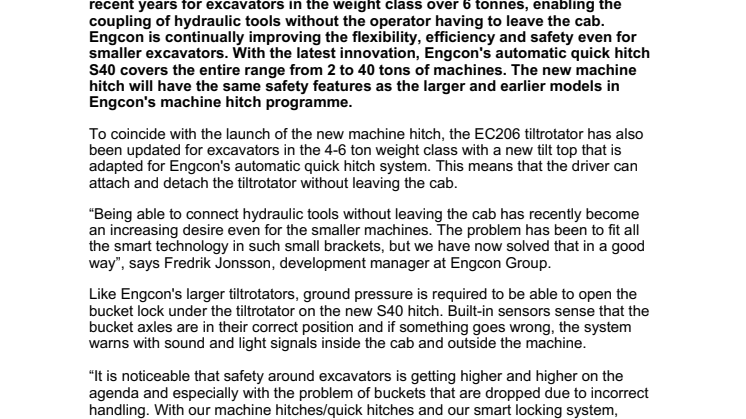 160621_Press_A safe and automatic machine hitch now available for smaller excavators