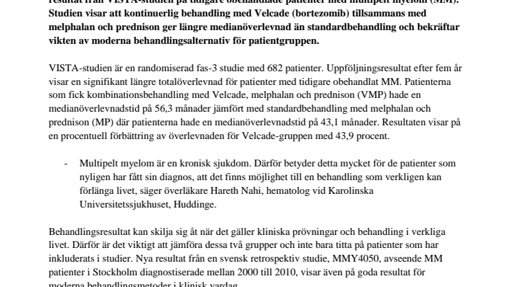 Förlängd överlevnad för patienter med tidigare obehandlat multipelt myelom