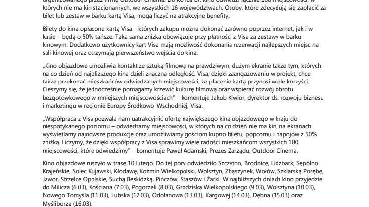 Visa partnerem największego kina objazdowego w Polsce