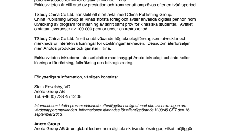 Anoto Group AB (publ.)  ingår ett exklusivitetsavtal för den kinesiska marknaden
