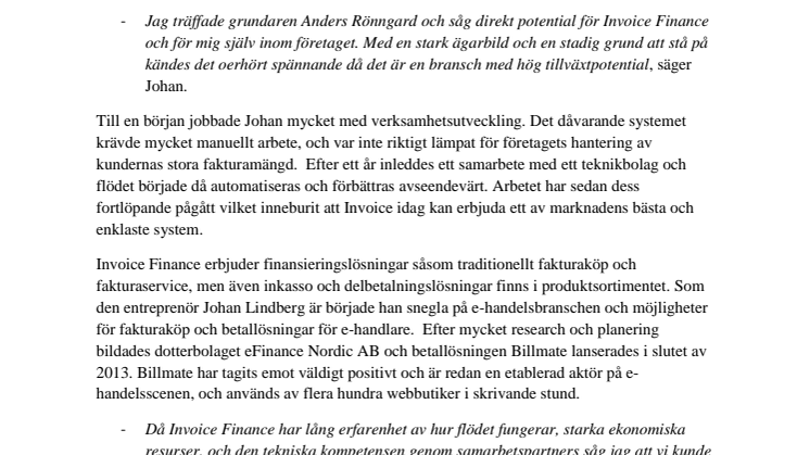 Johan Lindberg tillträder som ny VD för Invoice Finance