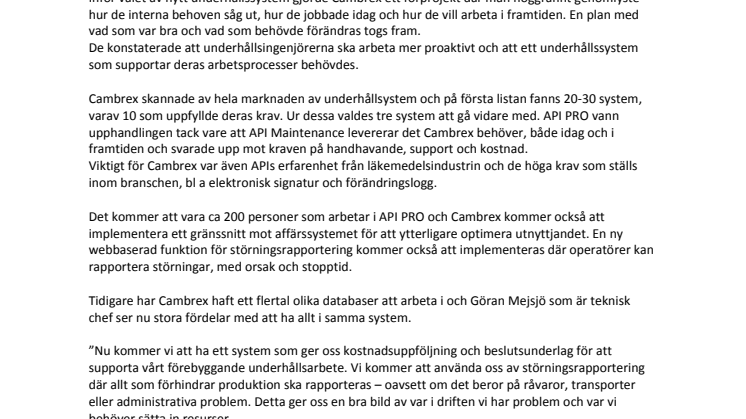 Läkemedelsföretaget Cambrex implementerar API PRO underhållssystem