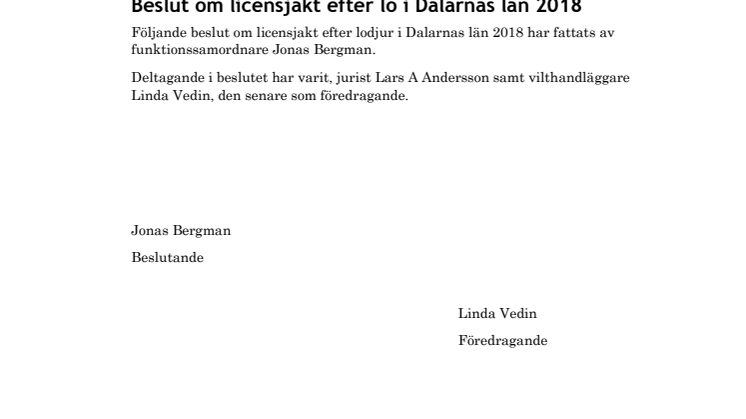 Beslut om licensjakt efter lo i Dalarnas län 2018