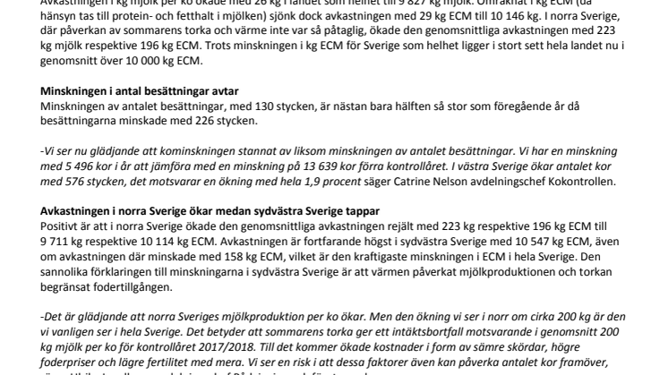 Sommarens värme ger lägre mjölkavkastning i ECM för kontrollår 2017/18 