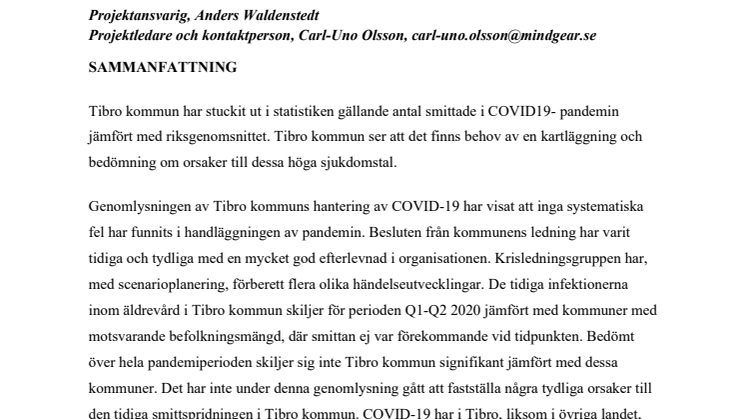 Rapport om Tibro kommuns hantering av coronapandemin 2020-21