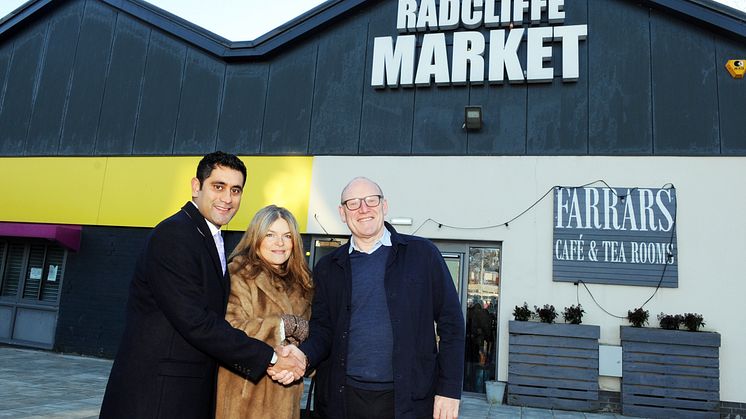 Agreeing on a new future for Radcliffe Market (from left) Cllr Rishi Shori, leader of Bury Council; Jodie Bannister of Farrars Cafe which is located in the market hall; and Ricky Davies of new operators Impact Management Solutions.