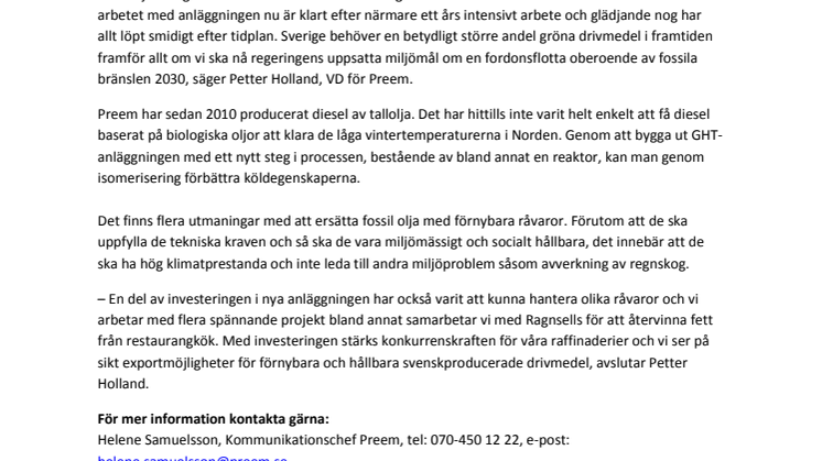 Nu fördubblar Preem produktionen av gröna drivmedel