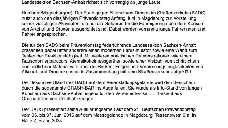  BADS auf Präventionstag in Magdeburg präsent