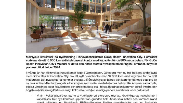 Pressmeddelande_Mölnlycke etablerar huvudkontor i life science-klustret GoCo Health Innovation City.pdf
