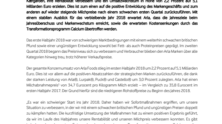 Halbjahresbilanz Arla Foods 2018: Erholung nach schwierigem 1. Quartal