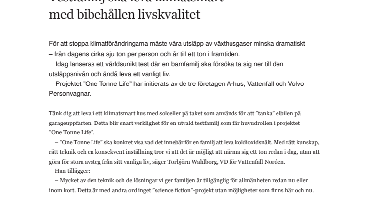 A-hus, Vattenfall och Volvo Personvagnar i unikt projekt: Testfamilj ska leva klimatsmart