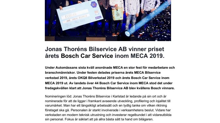 Jonas Thoréns Bilservice AB vinner priset årets Bosch Car Service inom MECA 2019.