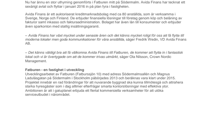 Avida Finans hyr 1700 kvm i Fatburen