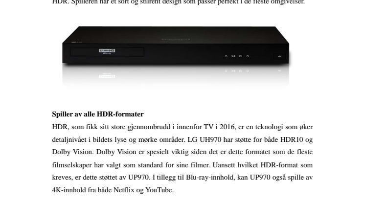 LG lanserer UP970, selskapets første Blu-ray-spiller for UHD og HDR 