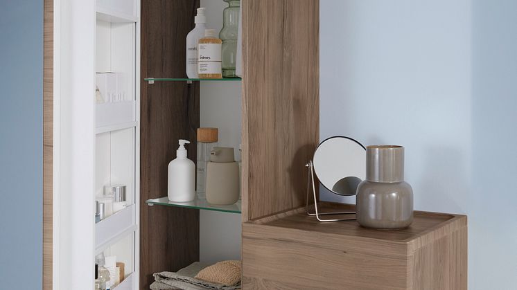2021 Renova Plan bathroom hickory tall cabinet open_Original