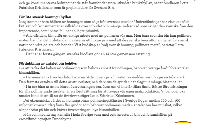 Svenska Bin kampanjar för fler bisamhällen och mer svensk honung i butik
