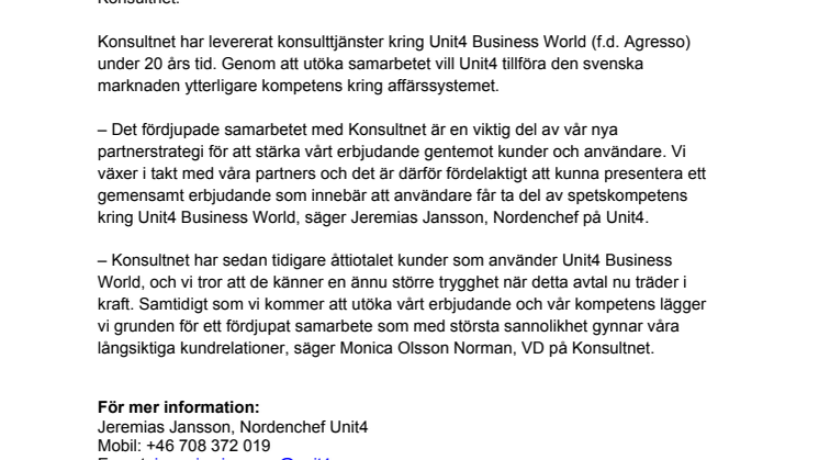 Unit4 stärker sitt samarbete med Konsultnet