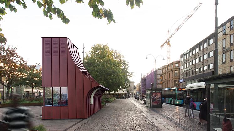 Illustration som visar en vision av hur den kommande cafébyggnaden i Brunnsparken kan komma att gestaltas. Illustration: Högberg Gillner Arkitektur AB.