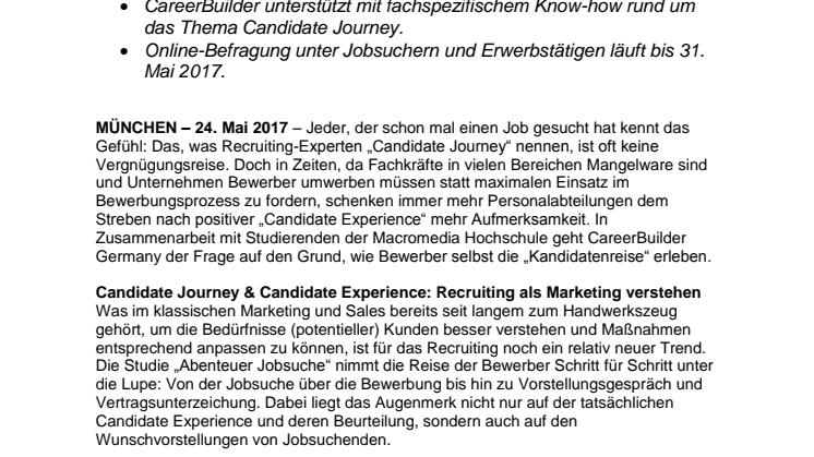 „Abenteuer Jobsuche“: CareerBuilder und die Macromedia Hochschule München starten Marktforschungsprojekt