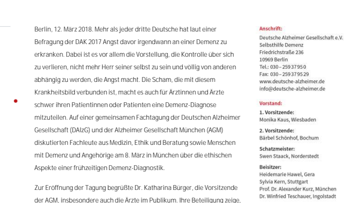 Ist eine frühe Diagnose der Demenz immer im Sinne der Betroffenen? Fachtagung der Deutschen Alzheimer Gesellschaft und der Alzheimer Gesellschaft München 