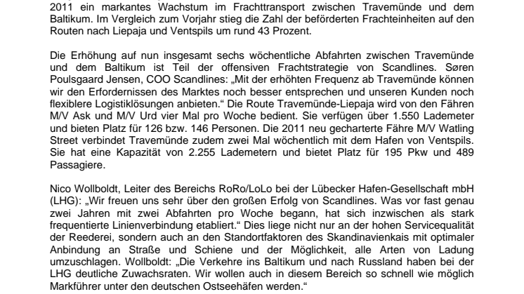 Baltikumverkehr von Scandlines ab Travemünde mit deutlichem Plus