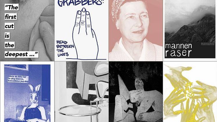 Åtte plakater fra Between the Lines-utstillingen. Anne Lise Stenseth, Camilla L., Henrik Plenge Jakobsen, Kajsa Dahlberg, Henriette Pedersen, Espen Gleditsch, Elise Storsveen og Jeanette Christensen.