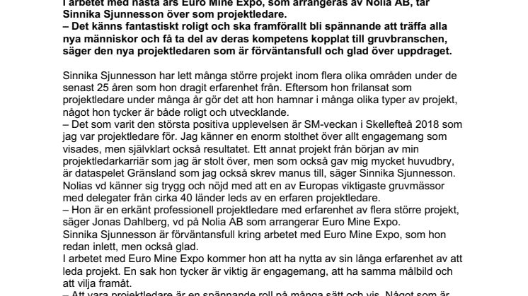 Erfarna projektledaren Sinnika Sjunnesson leder arbetet med Euro Mine Expo