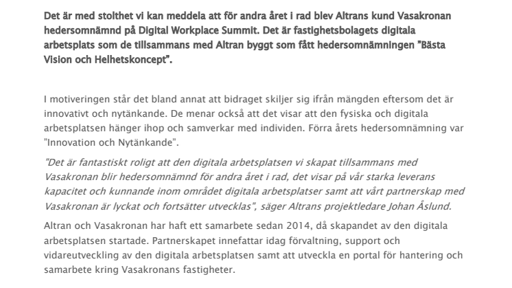 Återigen får Altrans kund Vasakronan en hedersomnämning