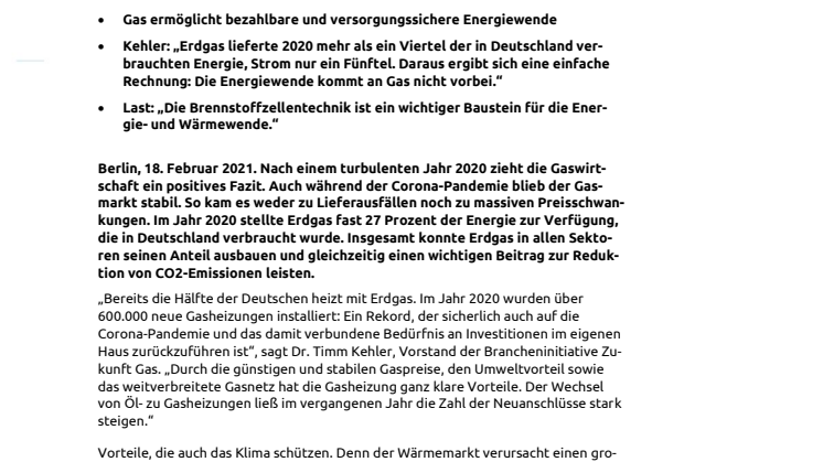 Jahresbilanz 2020: Gaswirtschaft verzeichnet wachsende Marktanteile
