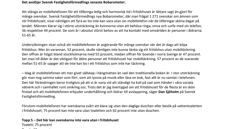 Nya Bobarometern visar: Mobiltelefonen ett måste även i fritidshuset