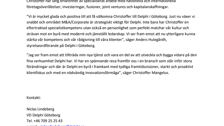 Advokatfirman Delphi värvar ny partner till transaktionsgruppen