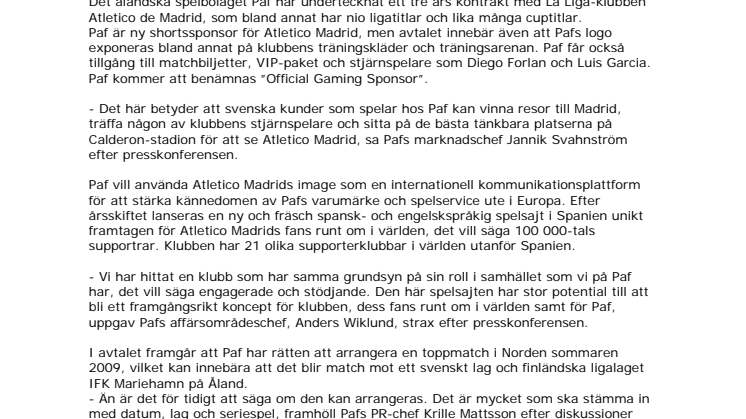 Paf ny sponsor för spanska storklubben Atletico Madrid
