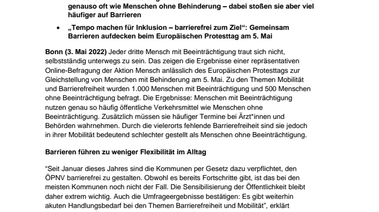 Aktion Mensch-Umfrage zum 5. Mai zeigt: Individuelle Mobilität wird durch Barrieren massiv eingeschränkt 